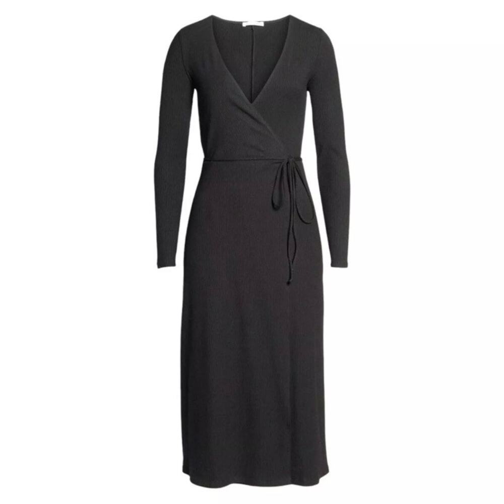 Reformation Celine Black Ribbed Wrap Midi Dress Women Medium Basic Closet Staple